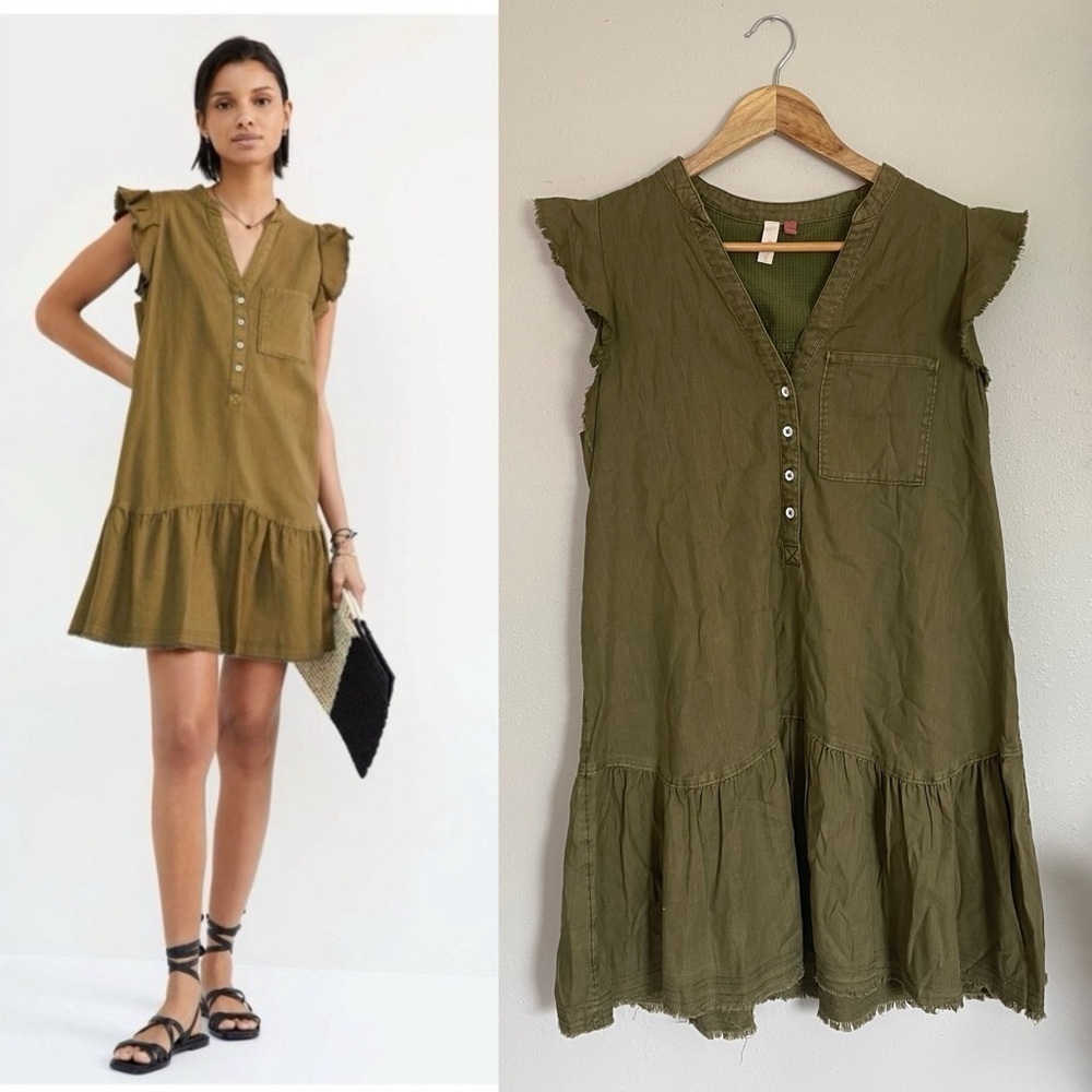 Anthropologie Olive Green Ruffle Sleeve Dress